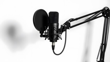 A black microphone mounted on a boom arm, ready to record. The microphone is attached to a pop filter to reduce vocal plosives. It appears isolated