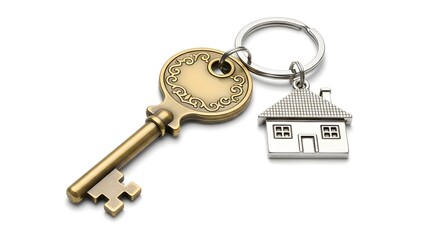 An antique key with a house-shaped keychain, symbolizing home ownership and security