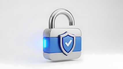 A 3D rendering of a padlock, symbolizing security, with a shield icon featuring a checkmark 