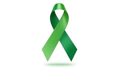 A green ribbon isolated against a clean background, symbolizing awareness and support for various causes. The ribbon's graceful curves and vibrant hue create a sense of hope and solidarity