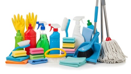 Cleaning supplies and equipment, a diverse arrangement of tools