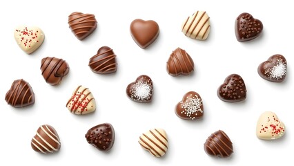 An assortment of beautifully crafted heart-shaped chocolates, perfect for a special treat. They are arranged in an appetizing display