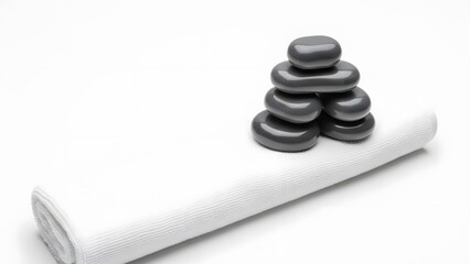 A spa setting with stacked smooth stones on a rolled towel, ready for massage