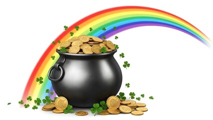 A pot of gold at the end of a rainbow, a symbol of good luck and fortune. The image has a lucky charm and clover leaves around the scene
