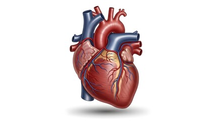 A detailed and realistic depiction of the human heart, illustrating its complex structure