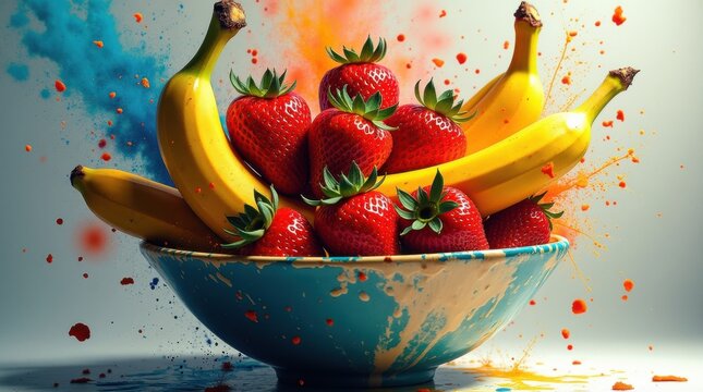 Frutero explosivo con jugosas fresas de gran tama&ntilde;o y bananas rodeadas de salpicaduras coloridas