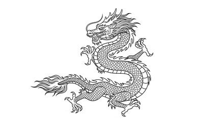Black Line Art Chinese Dragon on White Background