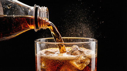 Pouring cold cola soft drink with splashing bubbles into glass with ice cubes isolated on black background