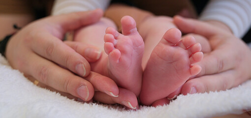 Parent hands gently cradling tiny newborn feet, conveying tender care, protection and the intimate bond of family as new life begins in a warm, peaceful moment