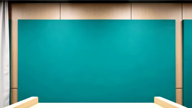 Empty wooden presentation podium or lectern on a stage with a large turquoise backdrop and white curtain