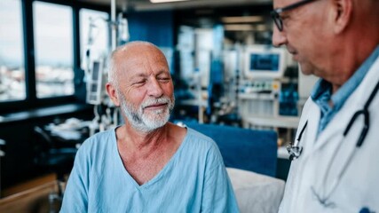 Smiling senior patient sitting in hospital bed talking with doctor in bright medical room showing care support and compassionate healthcare service