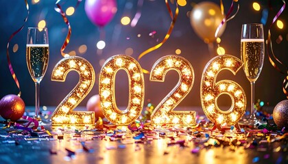 New Year 2026 Celebration with Champagne and Confetti.