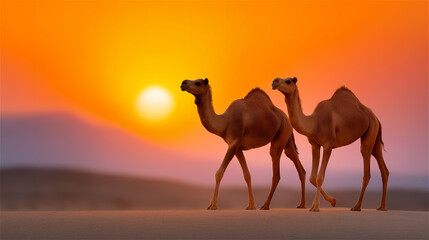 Two camels crossing desert dunes at golden sunset with sun on horizon, peaceful wildlife and nomadic travel concept, perfect for adventure tourism visuals with copy space.