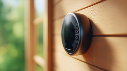 Close-up of a smart video doorbell mounted on wooden house siding in soft daylight, conveying home security, modern technology, and connected lifestyle with copy space.