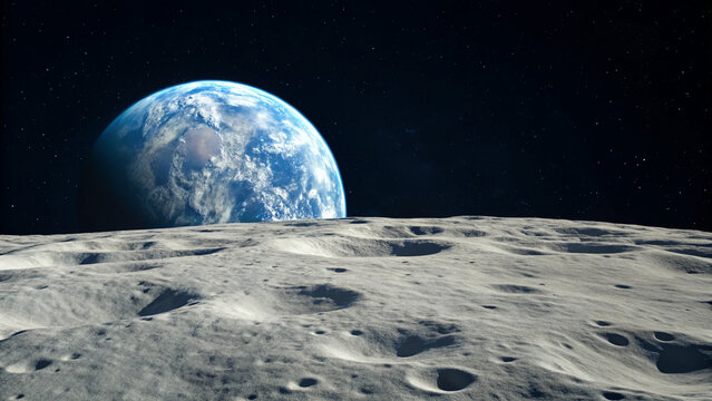 Earth seen from the surface of the moon with craters and dark sky in the background