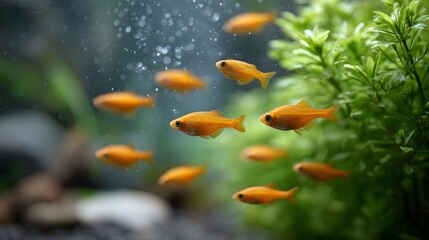 Obraz premium A school of small vibrant orange fish swims in a planted aquarium with rising bubbles