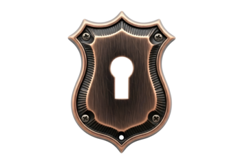 Vintage bronze keyhole cover plate with decorative edges and screws isolated on transparent background