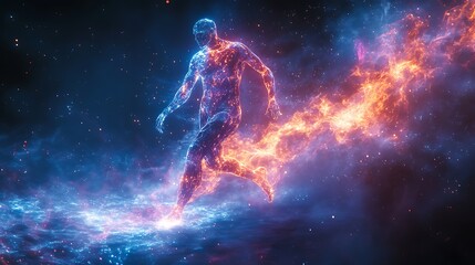 Man running through cosmic nebula with fiery blue and orange energy runner motion photo