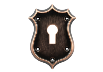 Vintage bronze keyhole cover plate with decorative edges and screws isolated on transparent background