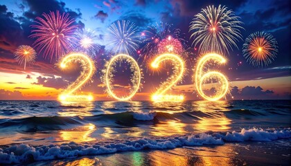 New Year 2026 Celebration with Fireworks on Beach.