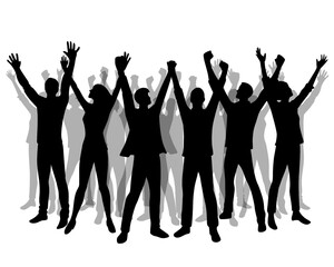 Silhouette of people raising their hands in cheering, vector illustration, model 2
