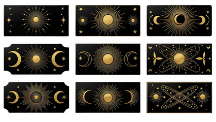 Set of 9 Gold Sun and Moon Celestial Black Banner Designs Vector