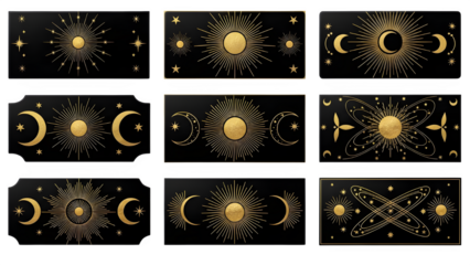 Set of 9 Gold Sun and Moon Celestial Black Banner Designs Vector