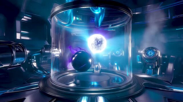 Glowing Energy Sphere Contained Inside Advanced Scientific Chamber With Metallic Structure, Blue Illumination, and High Precision Research Environment