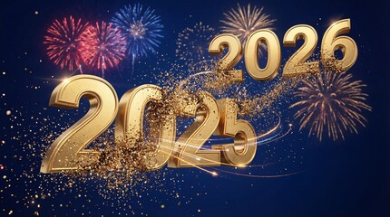 New Year 2025 to 2026 Transition with Golden 3D Numbers, Fireworks and Sparkles