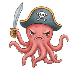 A cartoon pirate skull with a sword and pirate flag wearing a hat in a spooky Halloween style illustration © bluu