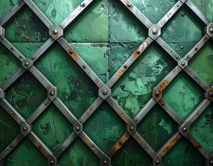Close-up of green, aged tiles with a diamond-patterned metal overlay