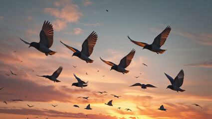 Birds Flying in the Sunset Sky, Flock of Bird Silhouettes in Evening Clouds Background