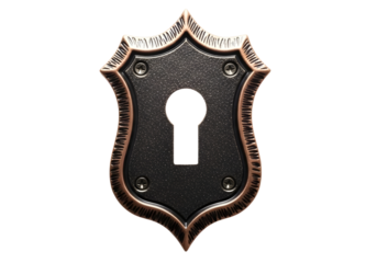 Vintage bronze keyhole cover plate with decorative edges and screws isolated on transparent background