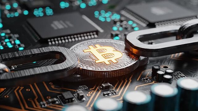 Blockchain technology concept with a bitcoin coin on a circuit board and a chain representing crypto security