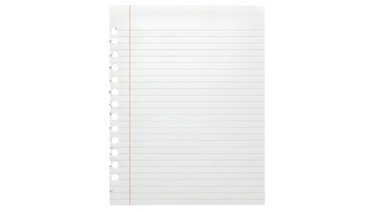Blank White Lined Notebook Paper with Holes on White Background