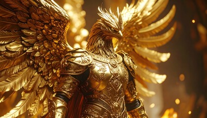 Obraz premium Golden Angelic Warrior with Shining Wings.
