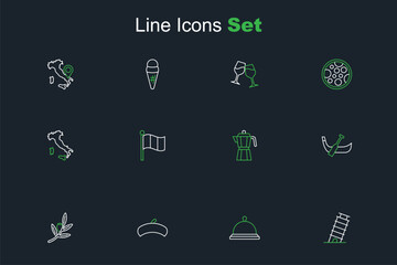 Set line Leaning tower in Pisa, Covered with tray of food, French beret, Olives branch, Gondola boat, Coffee maker moca pot, Flag Italy and Map icon. Vector