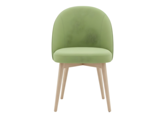A sage green upholstered chair with wooden legs isolated on transparent background