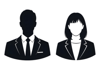 Black silhouette of a man and woman in business attire on transparent background
