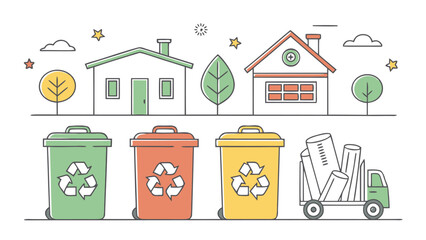 Residential Recycling and Waste Management Program with Bins and Collection Truck Illustration