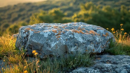 Unique Textured Rock Surrounded by Grass and Flowers at Sunset