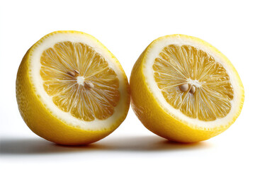 Two lemon halves with visible seeds, juicy texture, vibrant yellow color, isolated on white background, fresh and healthy