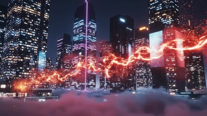 A futuristic cityscape at night with glowing red lightning and fog on the ground with tall buildings and skyscrapers in the background - Powered by Adobe