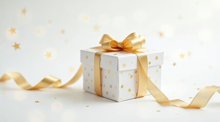 Elegant white gift box with golden stars and ribbon, festive celebration background