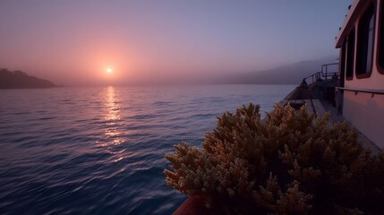 Obraz premium Serene sunset over a misty ocean viewed from a boat deck with a prominent coral plant in the foreground
