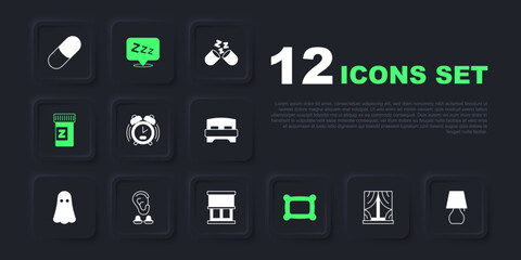 Set Window with curtains, Table lamp, Alarm clock, Pillow, Sleeping pill, Earplugs and ear, Sleepy and icon. Vector