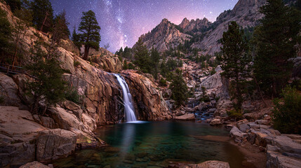 Majestic scenery unfolds as a radiant waterfall cascades into a tranquil basin under a starlit sky, surrounded by rocky peaks & lush trees.