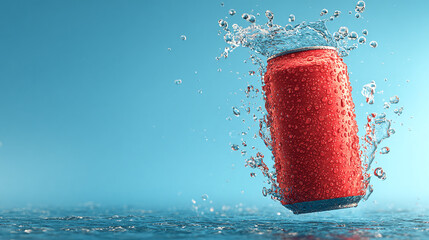 Dynamic image of a red beverage can mid-splash, droplets clinging against a cool blue background offering a refreshing feel. Ideal for summer.