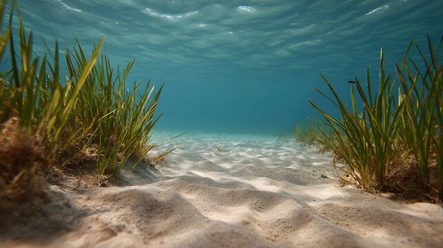 A serene underwater view of vibrant green seagrass growing on a rippled sandy seabed in clear blue ocean water