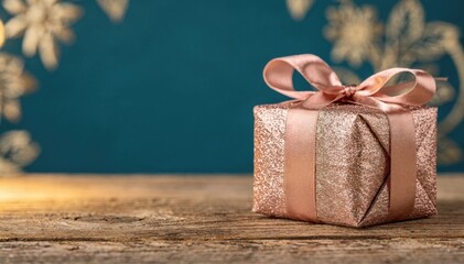 Elegant rose gold glitter gift box with satin ribbon on rustic wooden table